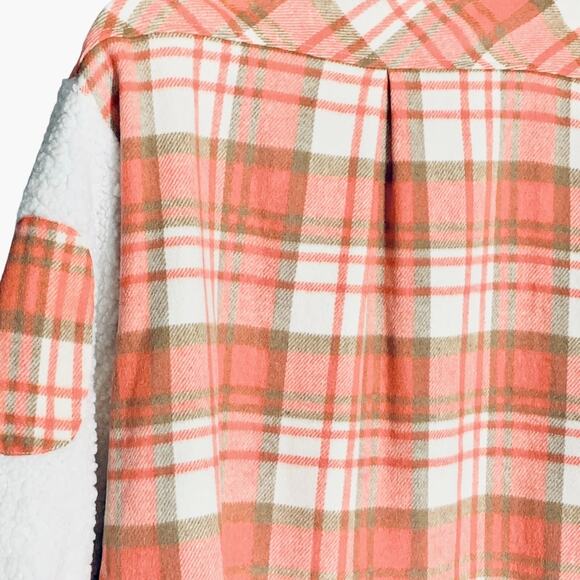 NWT Sherpa Sleeve Flannel Shacket Jacket Size S Orange White Plaid Western Boho - Picture 11 of 12